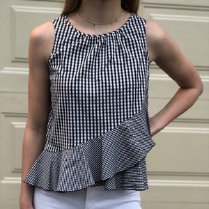 navy blue and white plaid tank/blouse.